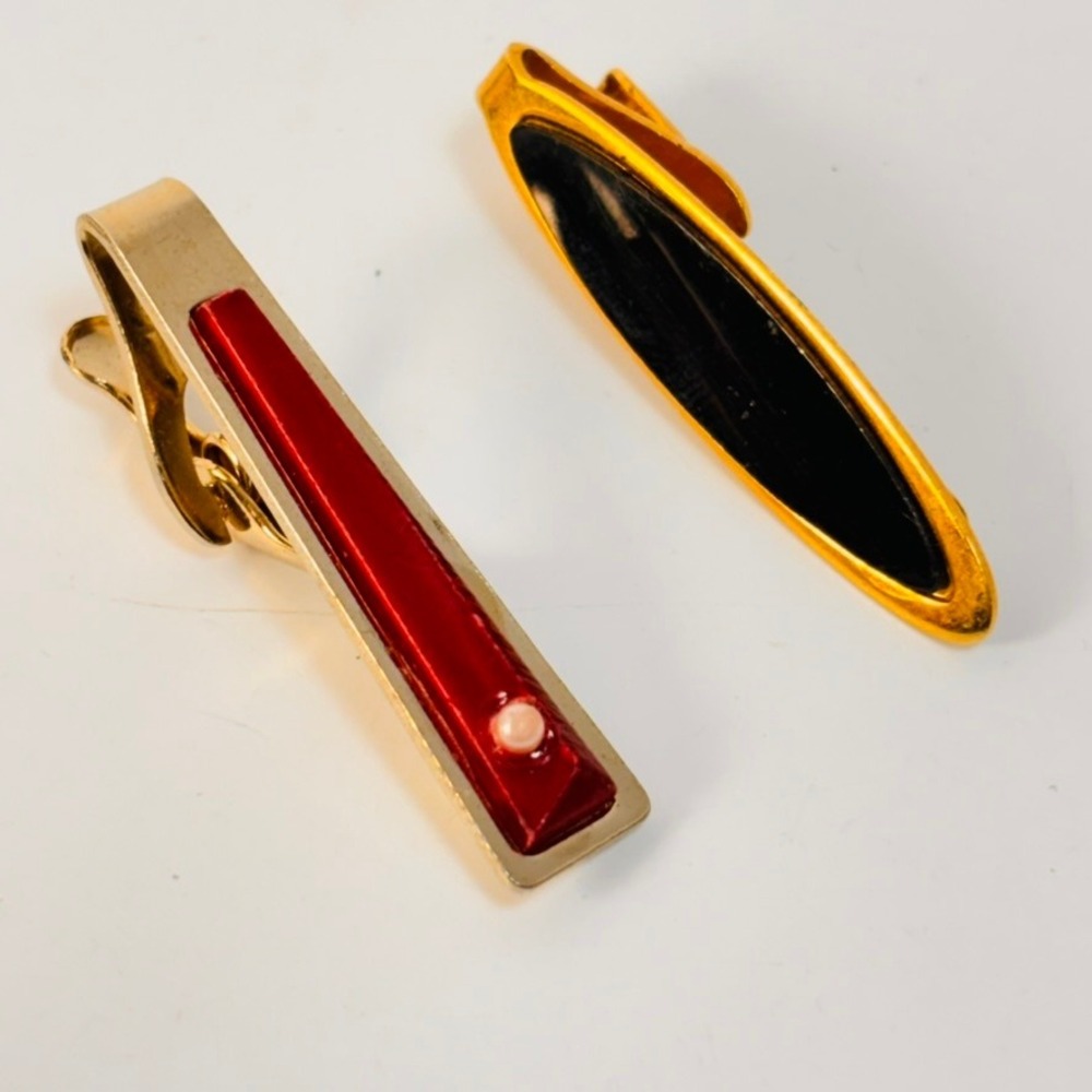 Vintage Tie Clip Set Gold Red Black Enamel Faux Pearl Retro Formal Eclectic Boho